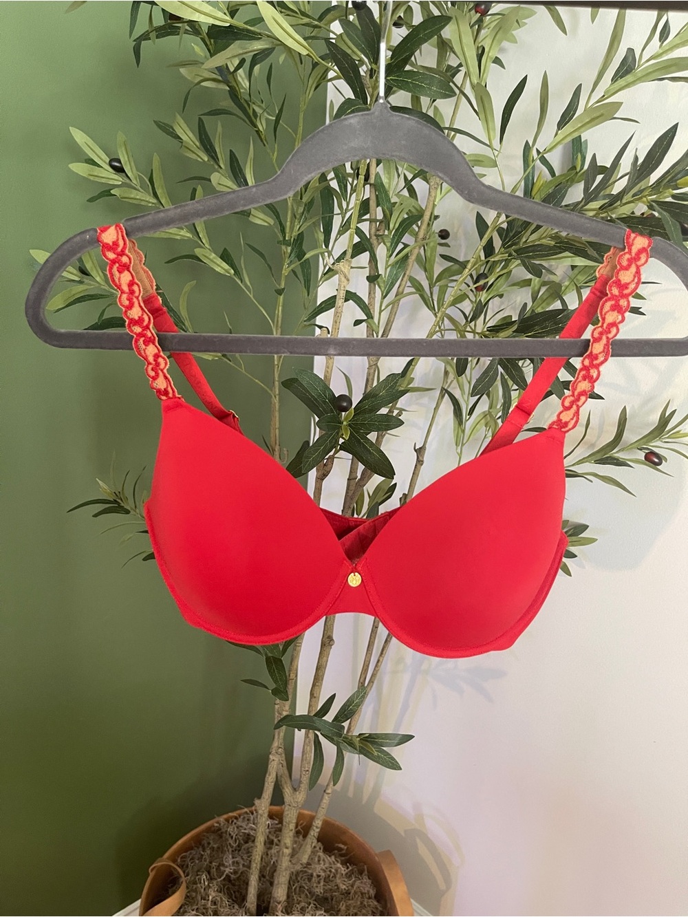 Natori Red Padded Bra with Decorative Braided Straps